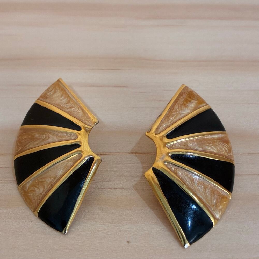 Vintage Gold Tone Black Enamel Fan Post Earrings Art Deco Style 2" Tall